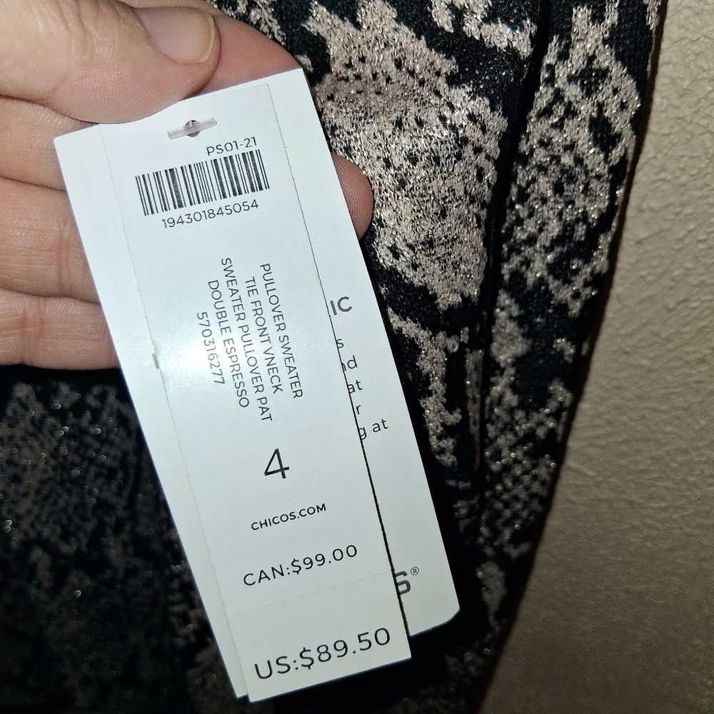 Chico's NWT Double Espresso Python-Print Tie Neck Sweater 4/XXL